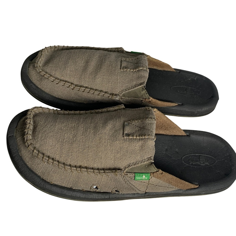 Sanuk Sidewalk Surfer Mens 12 Brown Canvas Slip On Mule Sandals Slides 07 15